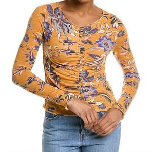 Free People Dreamed Of You Floral Ruched Long Sleeve Top In Honey Combo